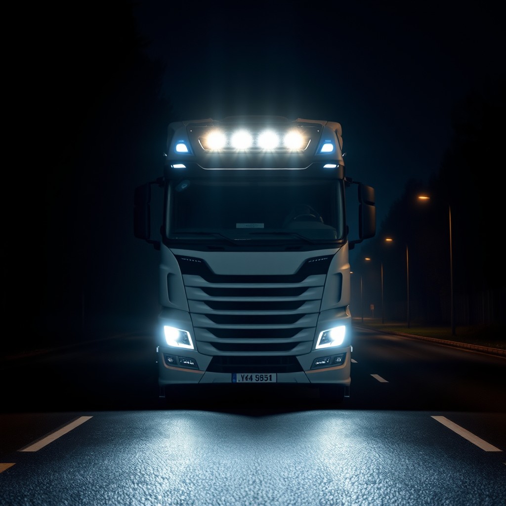 A striking front view of a European truck at night, with its bright headlights shining directly toward the camera, illuminating the surrounding dark road