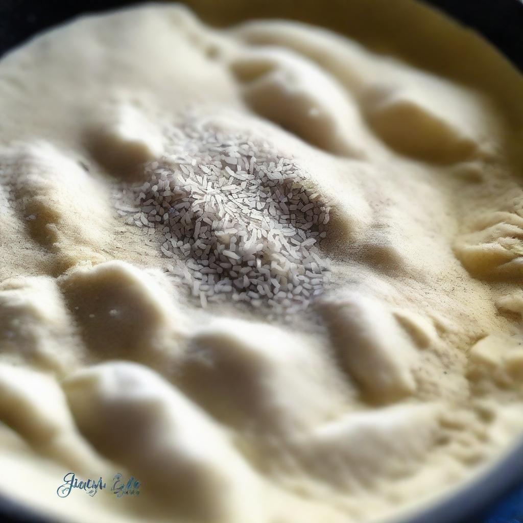 A closeup image of a bowl containing a mixture of flour, carom seeds, salt, and ghee/oil.