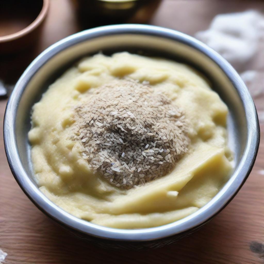 A closeup image of a bowl containing a mixture of flour, carom seeds, salt, and ghee/oil.