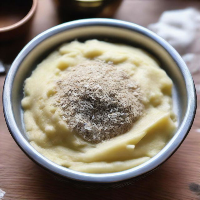 A closeup image of a bowl containing a mixture of flour, carom seeds, salt, and ghee/oil.