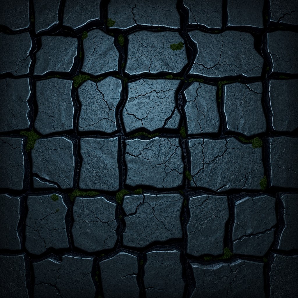 A detailed seamless floor texture suitable for a dungeon environment, featuring dark stone tiles with irregular shapes