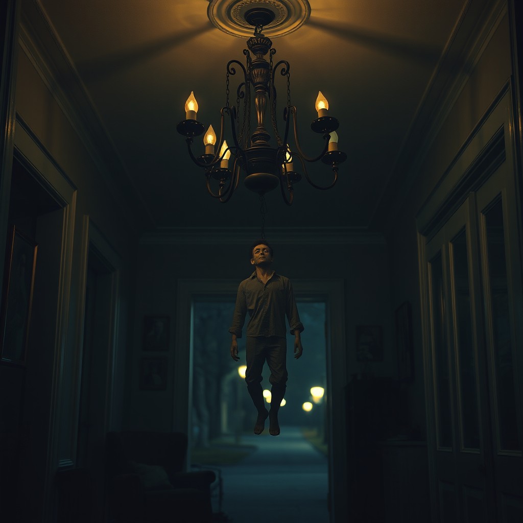 A haunting yet surreal scene depicting a dimly lit entryway of an old childhood home