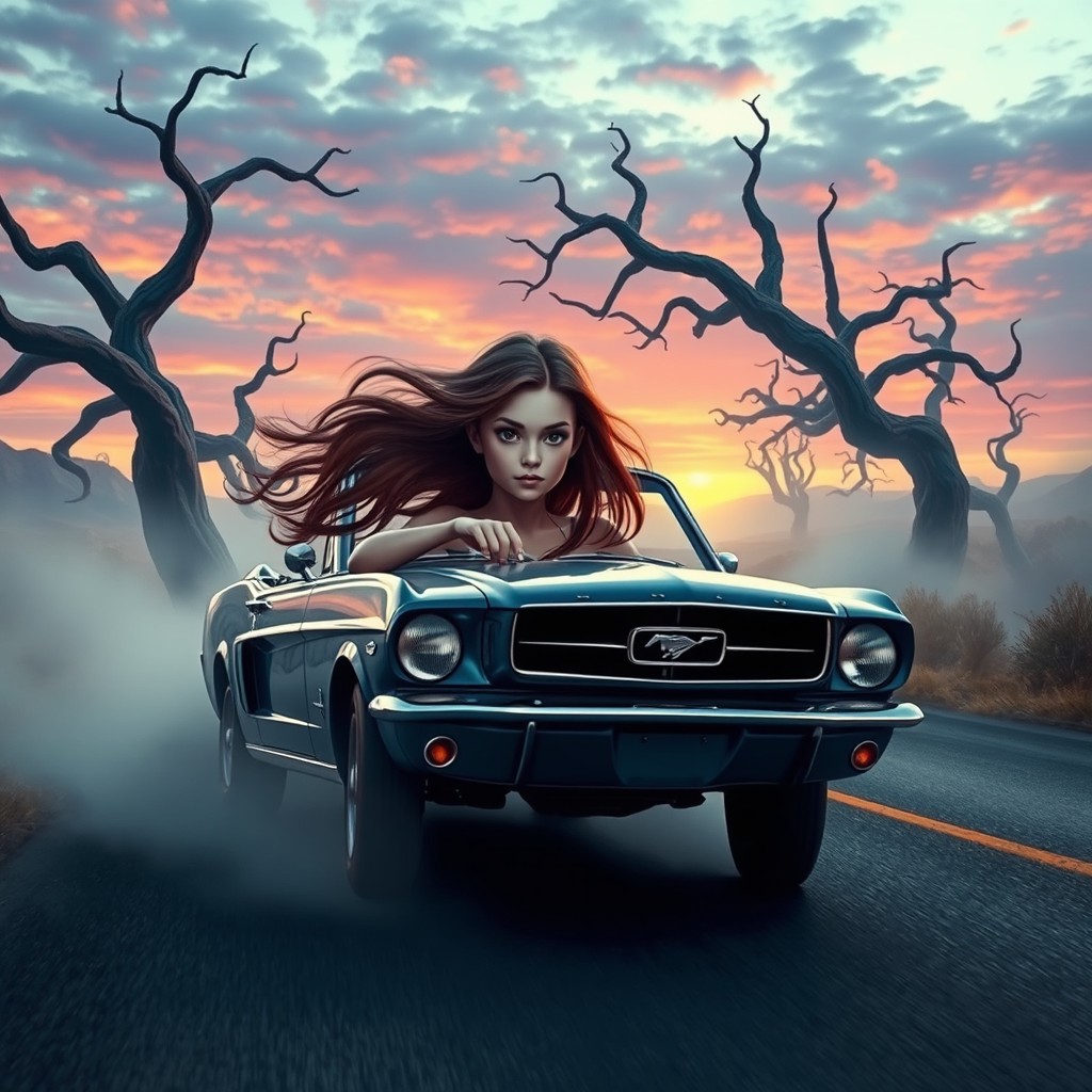 A girl driving her classic Mustang down an unusual, twisting road that is lined with strange, otherworldly scenery