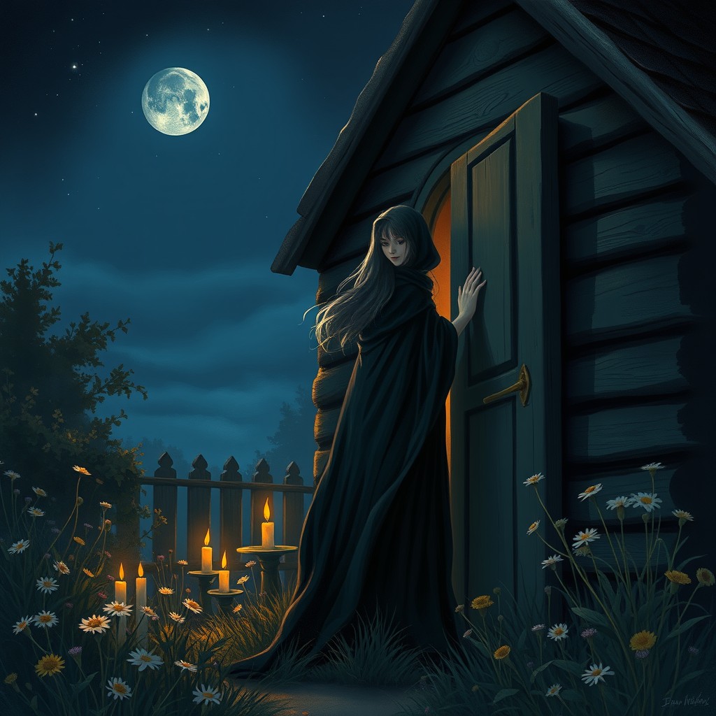 A mysterious girl with an enigmatic aura, dressed in a long flowing dark cloak, gently pushing open the creaky wooden door of a small, dimly lit house at night