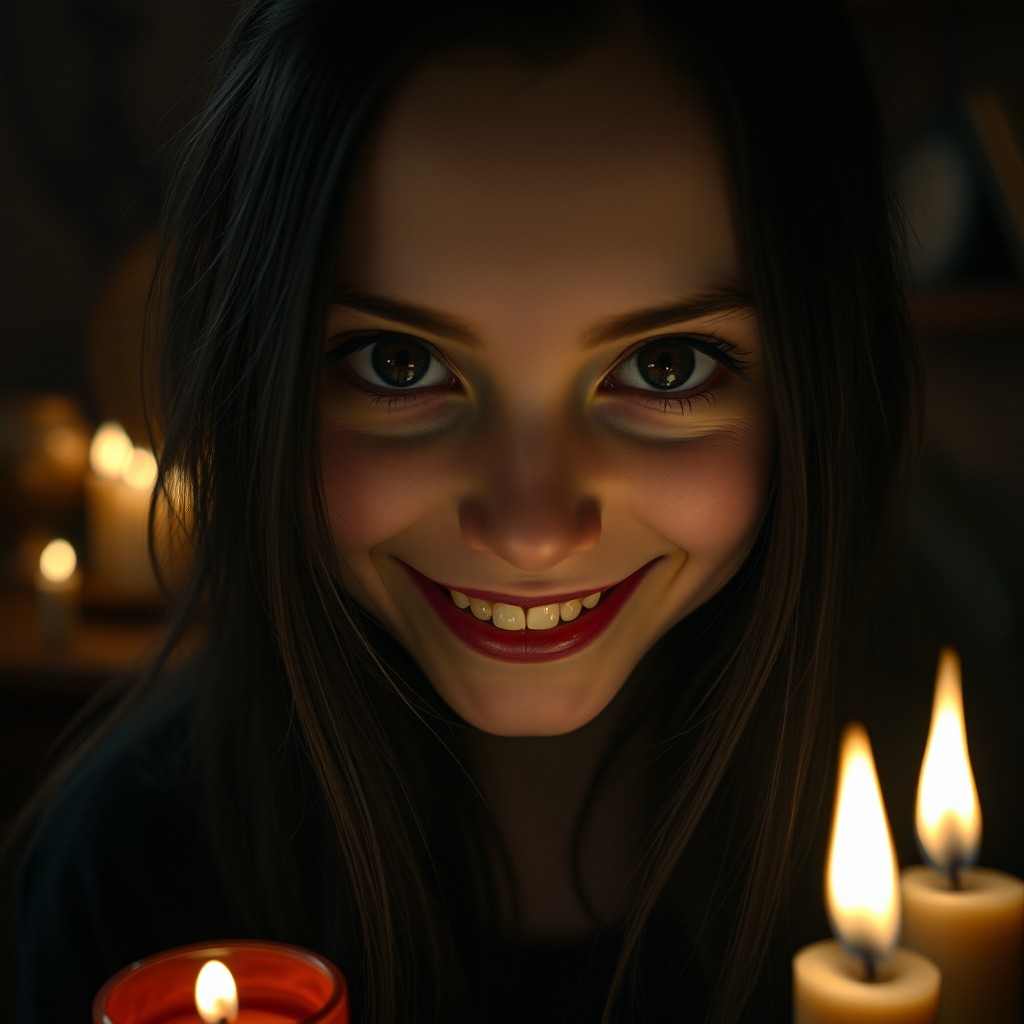 A close-up shot of a mysterious girl with an eerie, unsettling smile that reveals an intriguing and slightly creepy charm