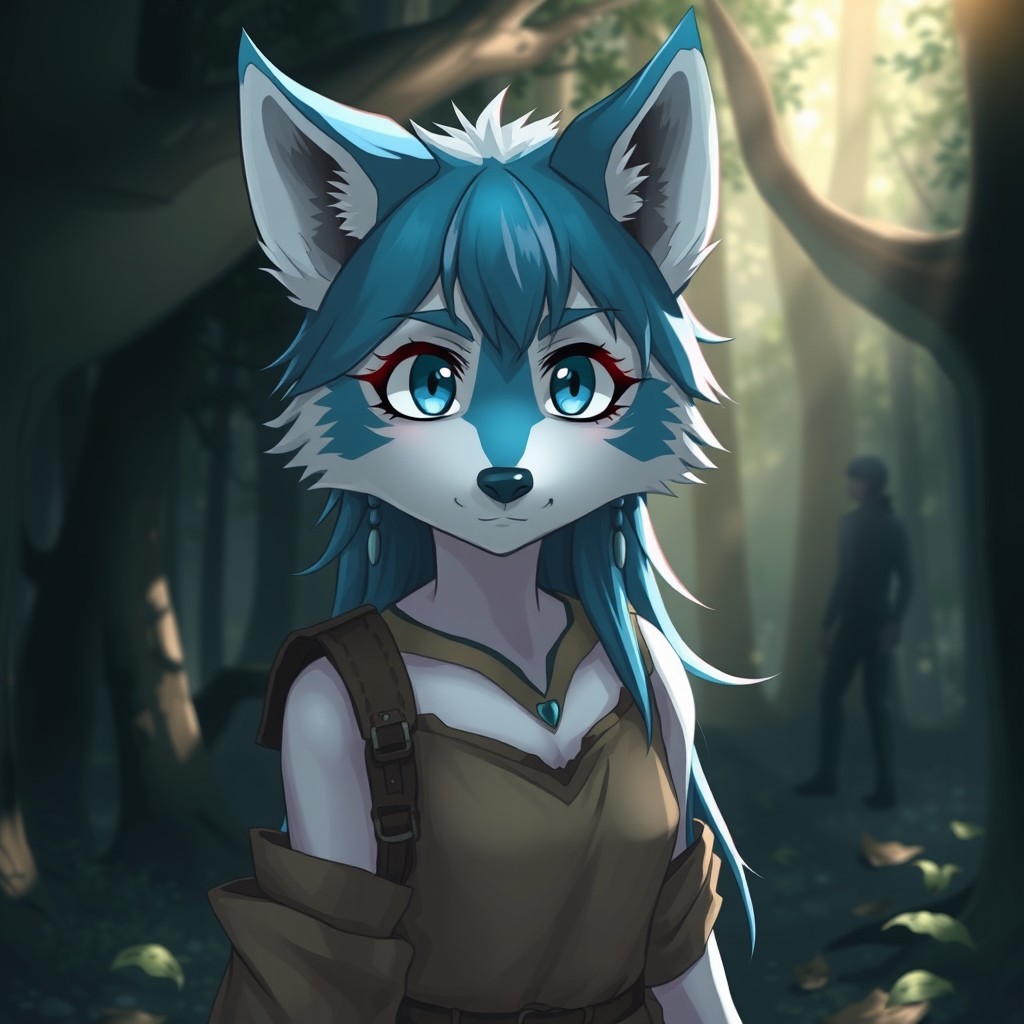 A beautiful anime-style wolf girl with striking blue and white fur, portraying an expression of fear and confusion as she looks around her surroundings