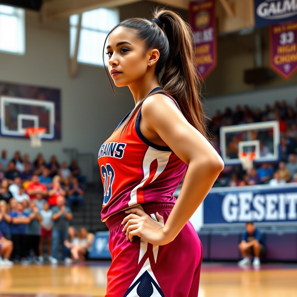 A confident high school female basketball player with a curvy physique, standing on a basketball court