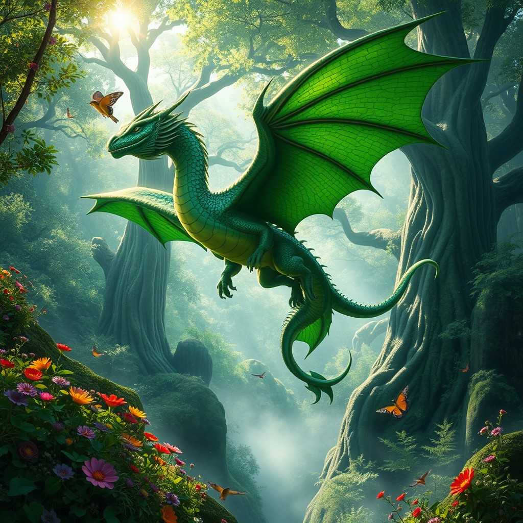 A majestic forest dragon soaring above a lush, green forest