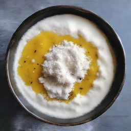 A closeup image of a bowl containing a mixture of flour, carom seeds, salt, and ghee/oil.