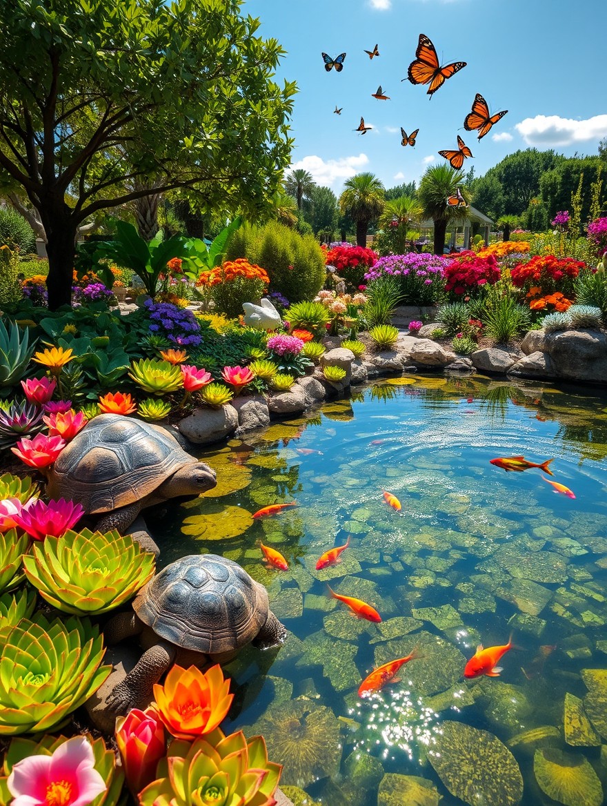 A serene scene featuring a beautiful pond surrounded by an array of lush succulents, with colorful fish swimming gracefully beneath the sparkling water's surface