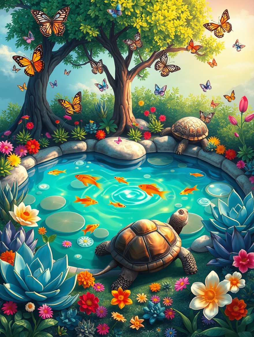 A whimsical artwork depicting a charming scene where lush succulents encircle a serene pond, with colorful fish gracefully swimming beneath the crystal-clear water