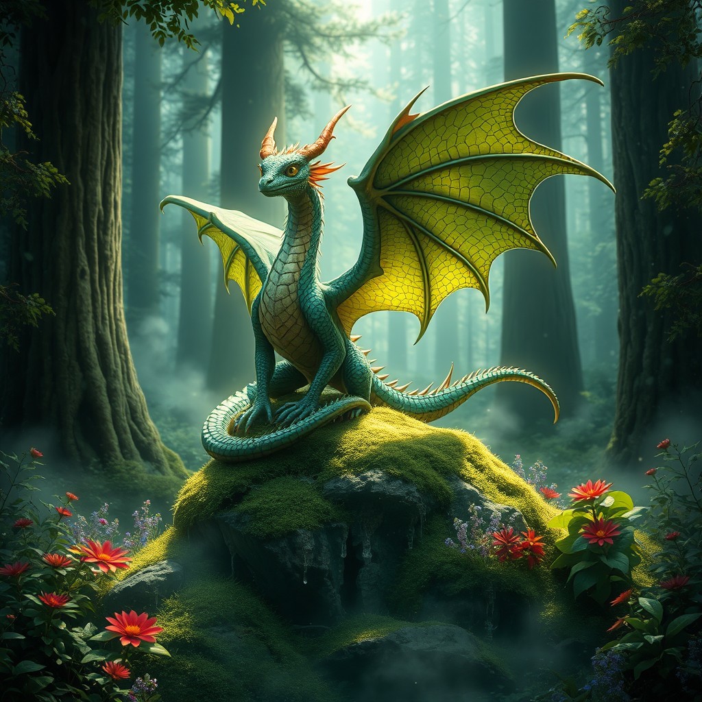 A stunning forest dragon perched atop a moss-covered rock in a magical forest
