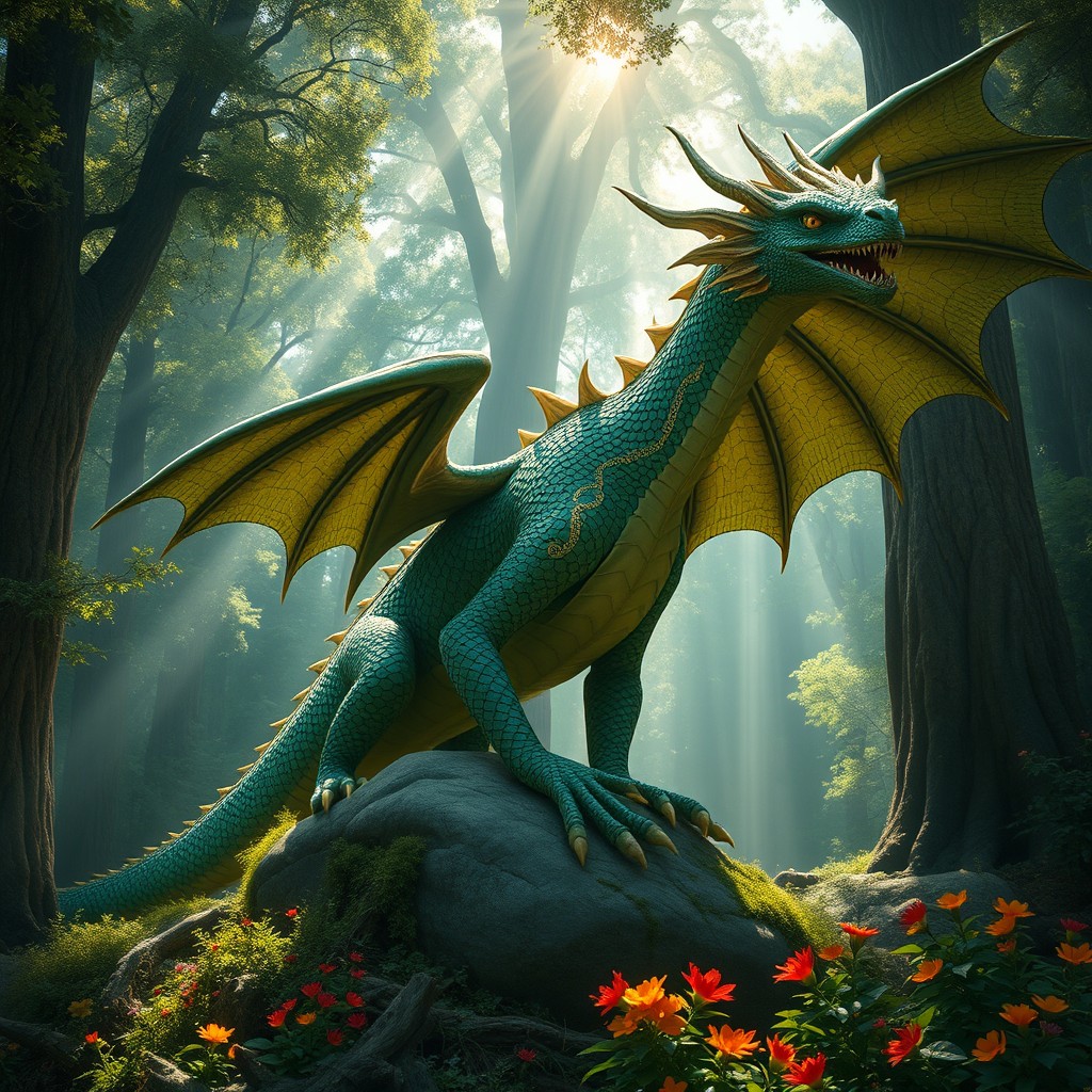 A magnificent large forest dragon, its scales a deep emerald green that reflects the sunlight filtering through a lush canopy of trees