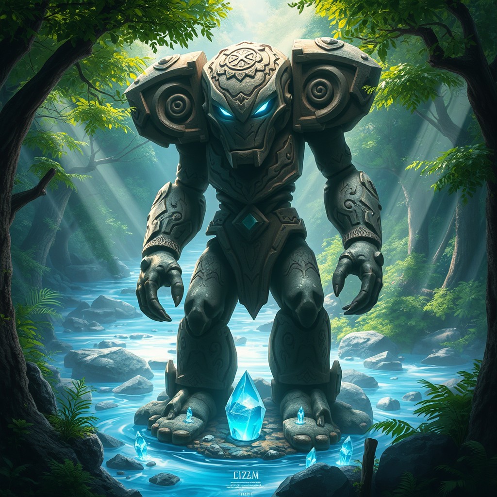 A mystical, towering golem made of clay and ancient stones, standing in a lush green forest