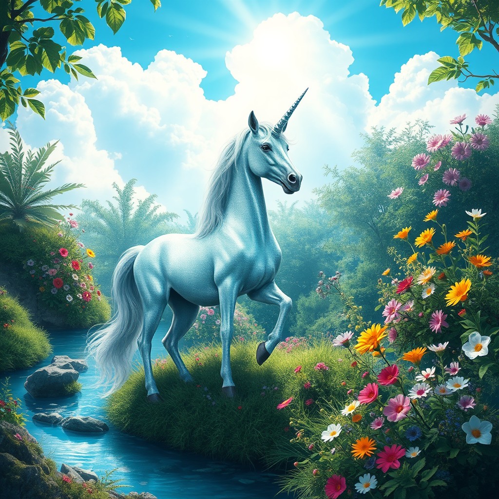 A fantastical world featuring a shimmering unicorn standing gracefully amidst lush greenery