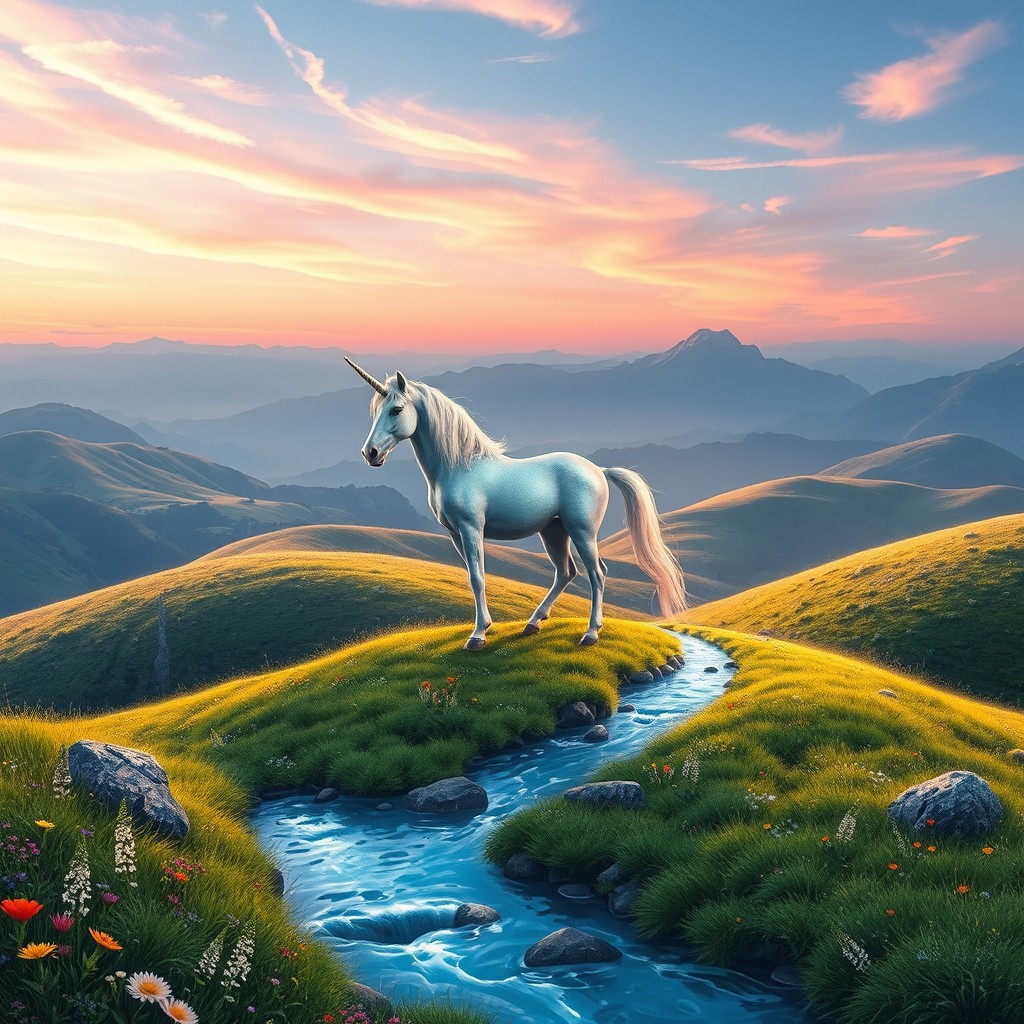 A semi-realistic fantasy landscape perfect for a shimmering unicorn, showcasing rolling hills covered in lush greenery and colorful wildflowers