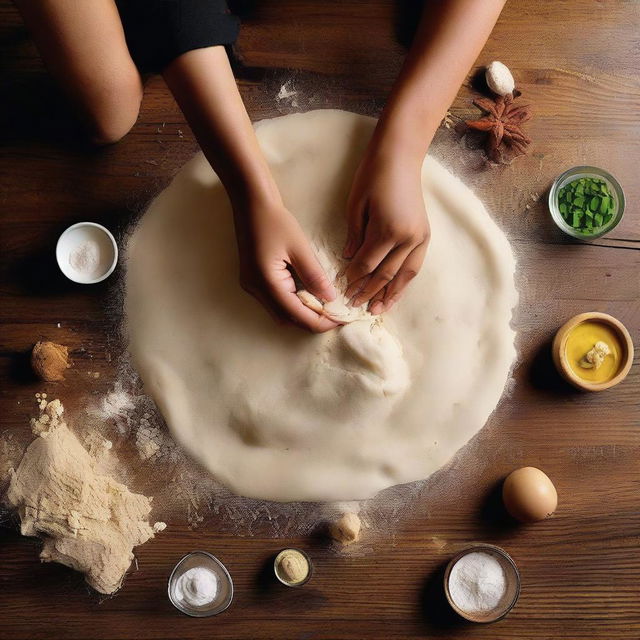 An image showcasing hands kneading dough on a wooden tabletop, with ingredients for samosa preparation like flour, water, salt, and oil around.