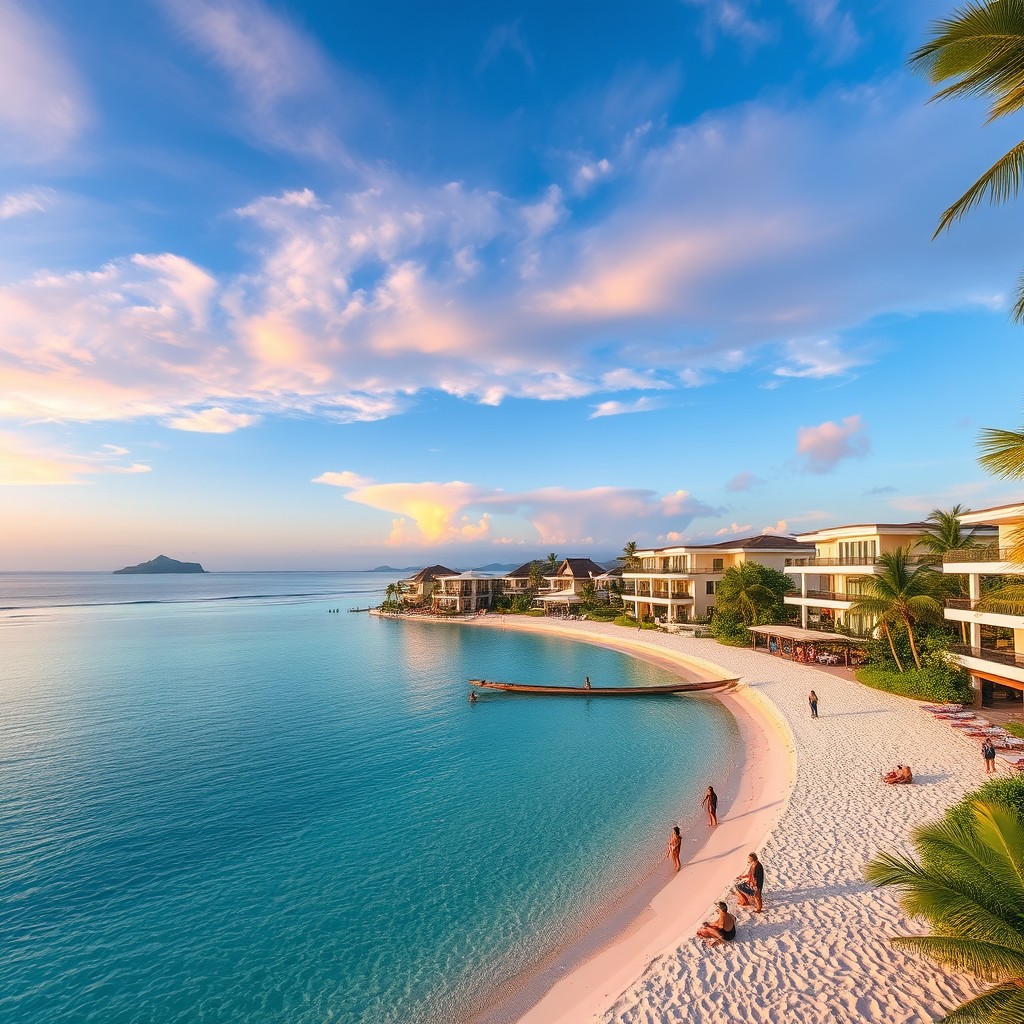 A scenic view of a tranquil beach in Chonburi, Thailand, showcasing beautiful white sand and clear blue waters, with luxury beachfront properties elegantly designed in modern Thai architecture
