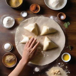 An image showcasing hands kneading dough on a wooden tabletop, with ingredients for samosa preparation like flour, water, salt, and oil around.