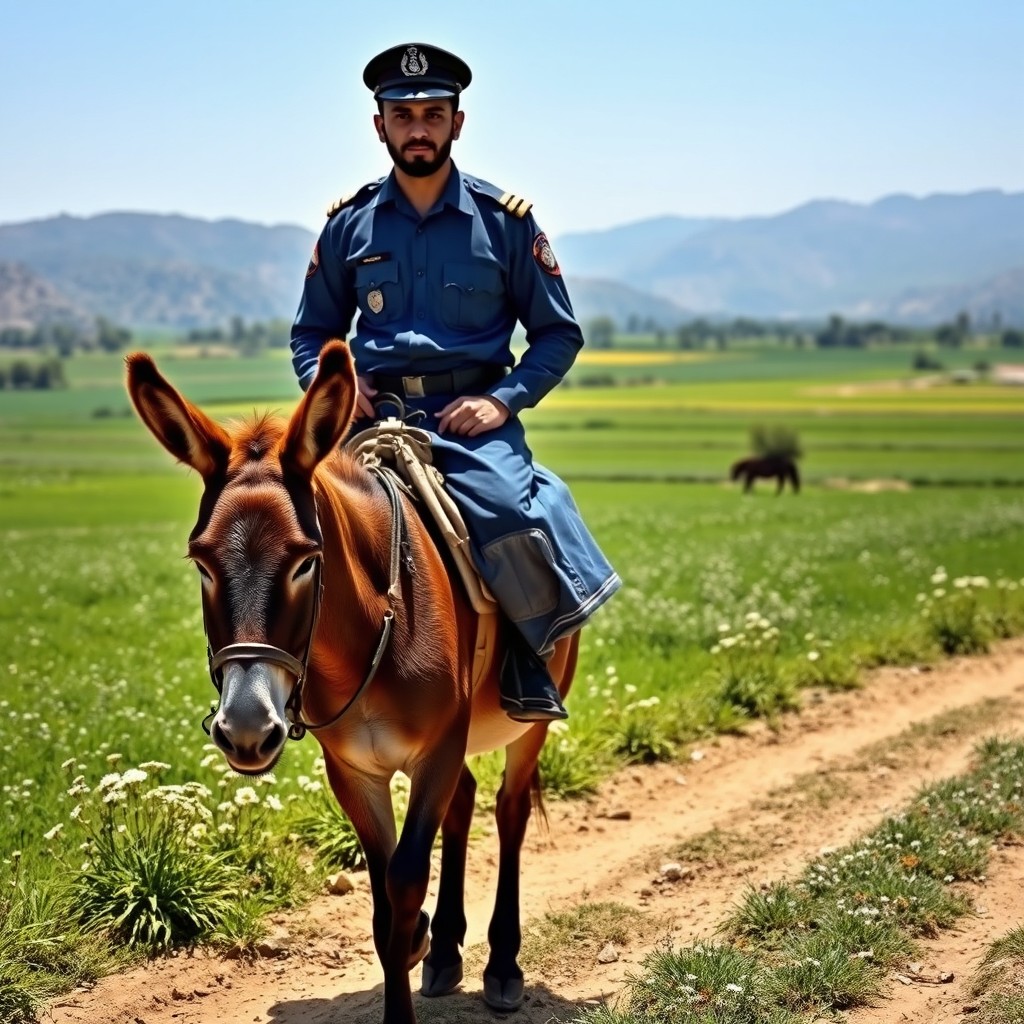 A scene depicting a Pakistani police officer confidently riding a brown donkey through a picturesque rural landscape in Pakistan