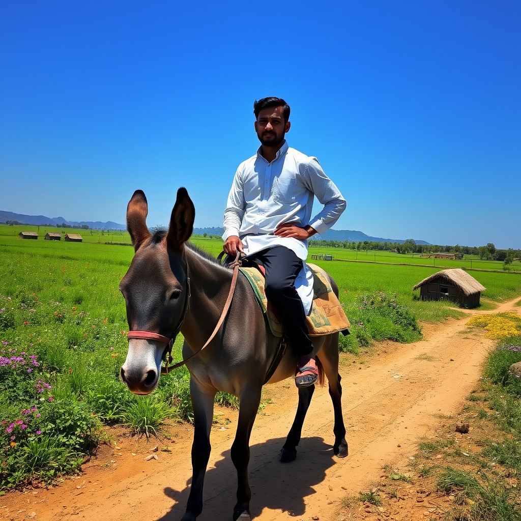 A scene featuring a Pakistani man wearing a crisp white shirt and black trousers confidently riding a grey donkey along a dusty rural path