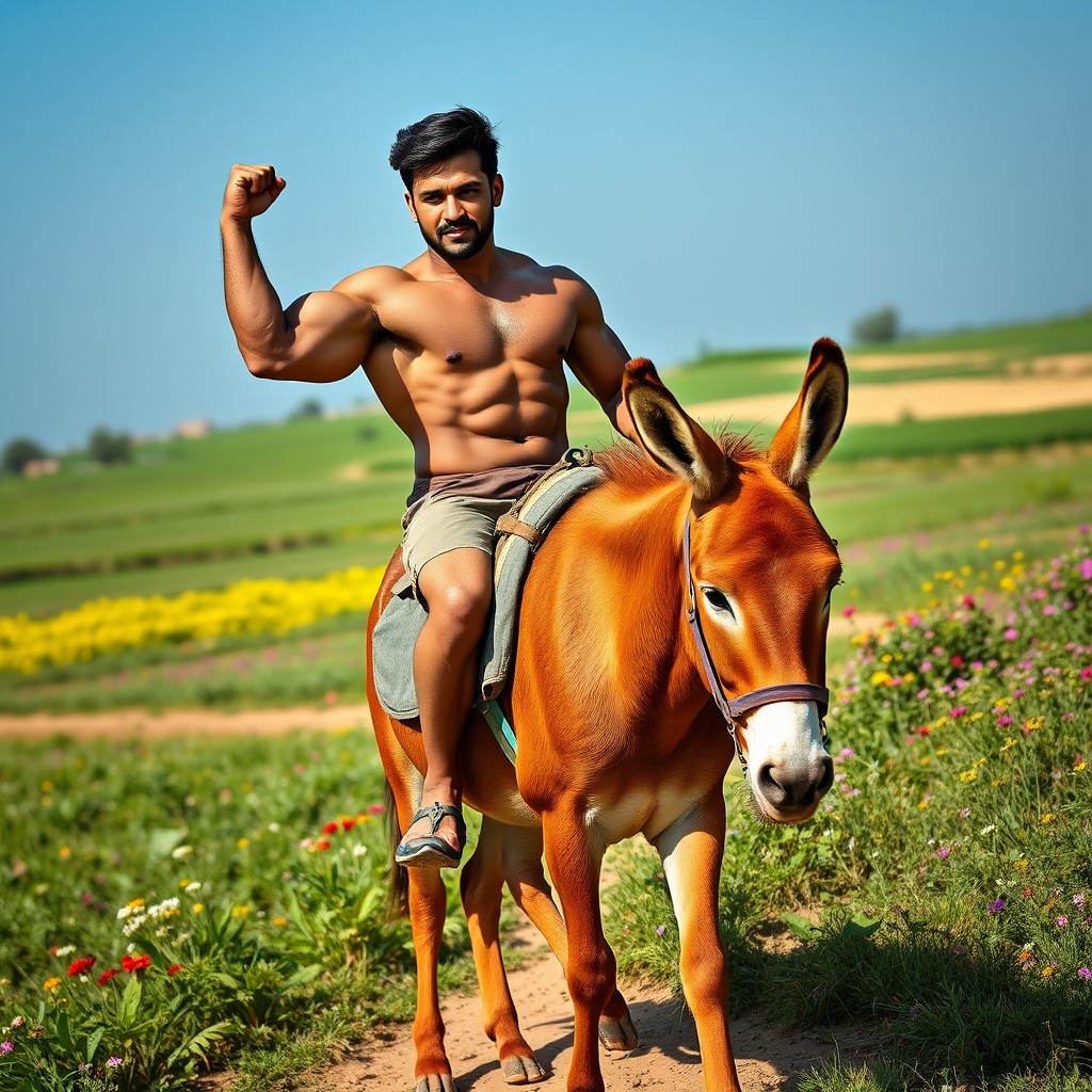 An impressive scene featuring a muscular Pakistani bodybuilder confidently riding a sturdy donkey