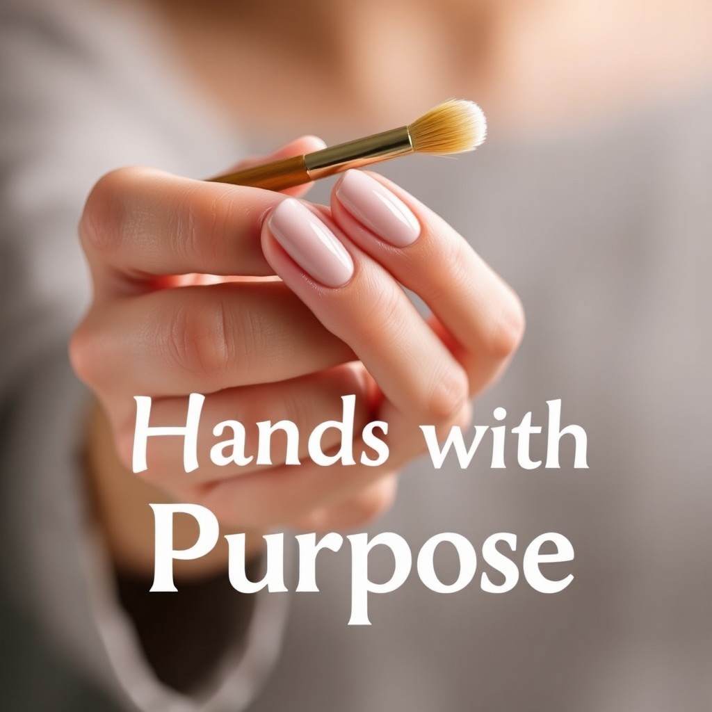 A beautifully manicured hand with elegant nails holding a manicure brush