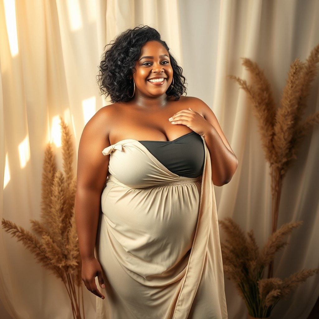 A beautifully lit artistic portrayal of a plus-size woman posing confidently, showcasing body positivity and self-love