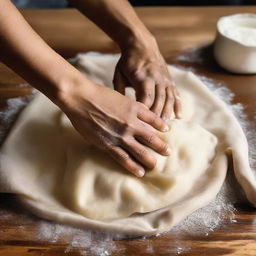 Close-up image of hands carefully forming a soft, pliable dough on a wooden surface, with ingredients for samosa dough such as flour, water, and oil scattered around.