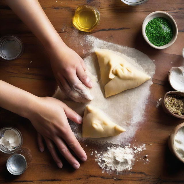 Close-up image of hands carefully forming a soft, pliable dough on a wooden surface, with ingredients for samosa dough such as flour, water, and oil scattered around.