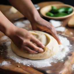 Close-up image of hands carefully forming a soft, pliable dough on a wooden surface, with ingredients for samosa dough such as flour, water, and oil scattered around.