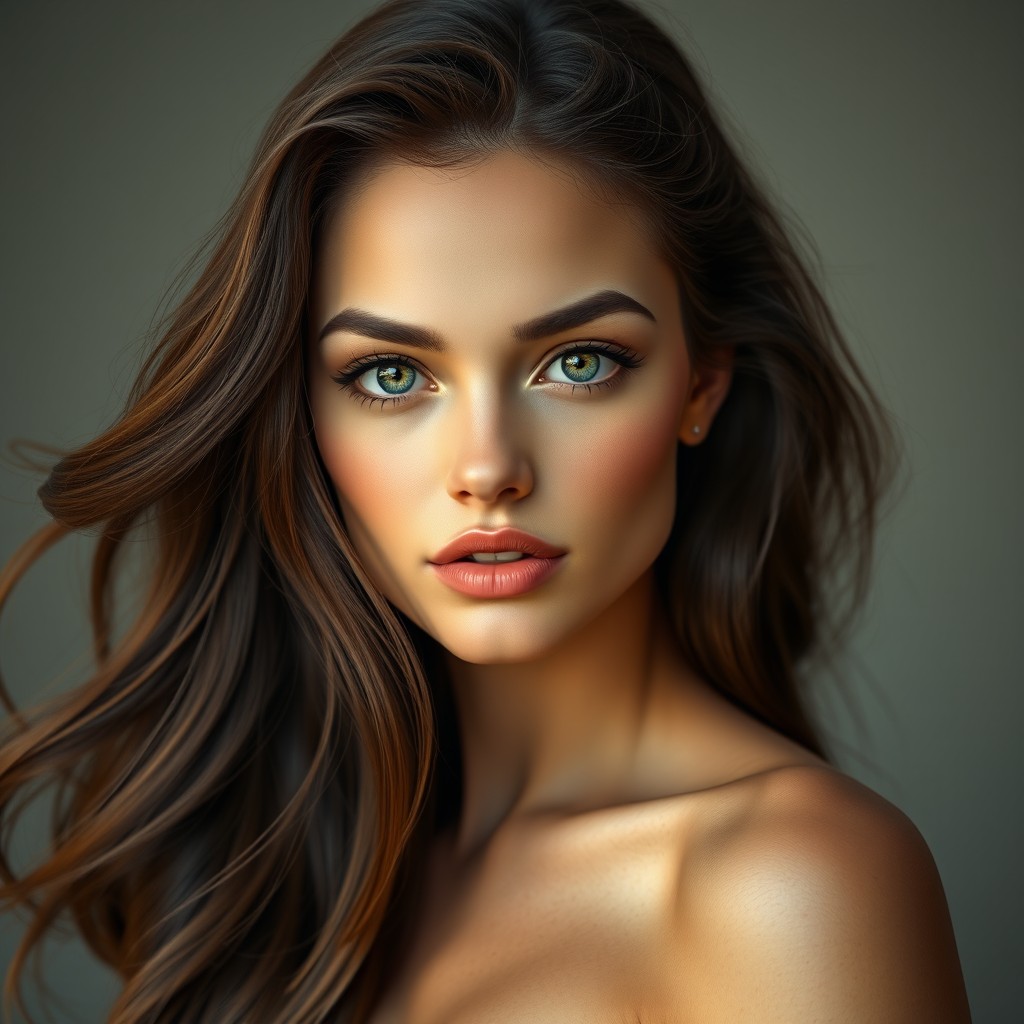 A full-body shot of a hyper-realistic beautiful brunette woman with long flowing hair, striking green eyes, and full lips