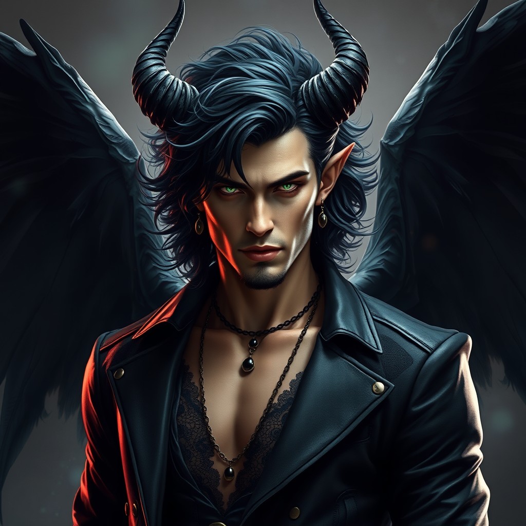 A stunning depiction of a handsome ancient demon with flowing black curls that cascade elegantly around his chiseled face