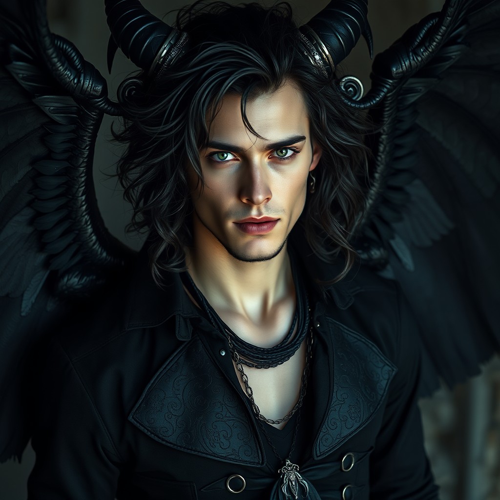 A captivating portrayal of a handsome ancient demon with flowing, tangled black curls that give him a wild, enchanting look