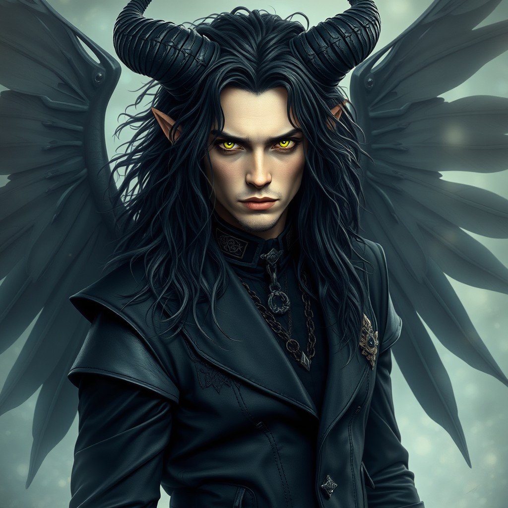 An enchanting portrayal of a handsome ancient demon with long, flowing, tangled black curls that evoke a sense of mystique