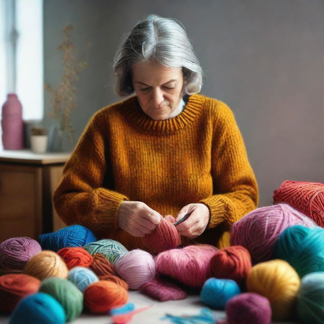 A mother sitting in a calm, homely room gently knitting a vibrant woolen sweater, the yarns and knitting tools around her add color to the scene.