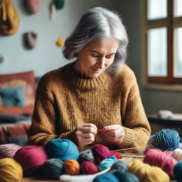 A mother sitting in a calm, homely room gently knitting a vibrant woolen sweater, the yarns and knitting tools around her add color to the scene.