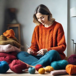 A mother sitting in a calm, homely room gently knitting a vibrant woolen sweater, the yarns and knitting tools around her add color to the scene.