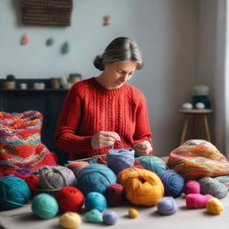 A mother sitting in a calm, homely room gently knitting a vibrant woolen sweater, the yarns and knitting tools around her add color to the scene.