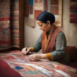 An intricate traditional Moroccan Khiat (tailor) at work in her atelier, stitching vibrant tapestries with detailed patterns.