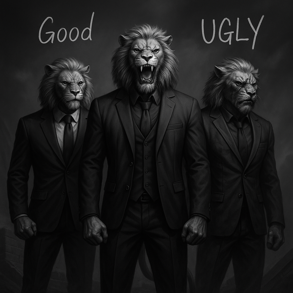 Make it all black and white, put the middle lion in the back with the other two next to him. Make all the suites black and put a suite jacket with no sleeves on the middle lion