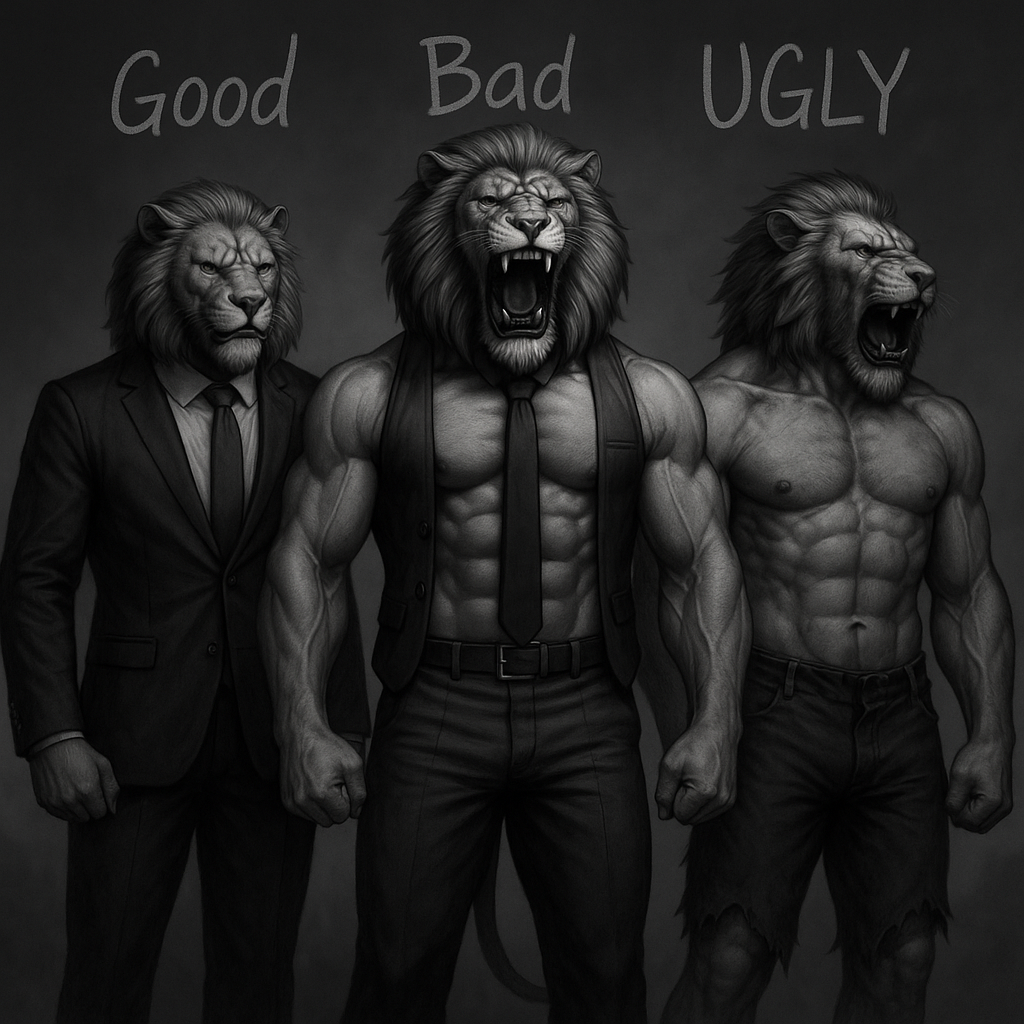 Make them all standing side by side in a half circle and the line under the word ugly have no shirt and ripped pants