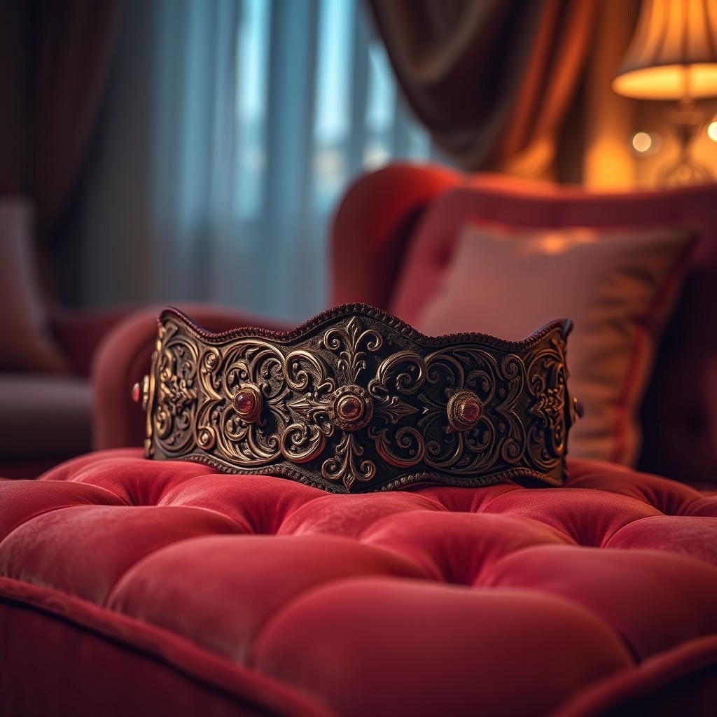 A beautifully designed chastity belt adorned with intricate patterns, featuring elegant metalwork and gemstones