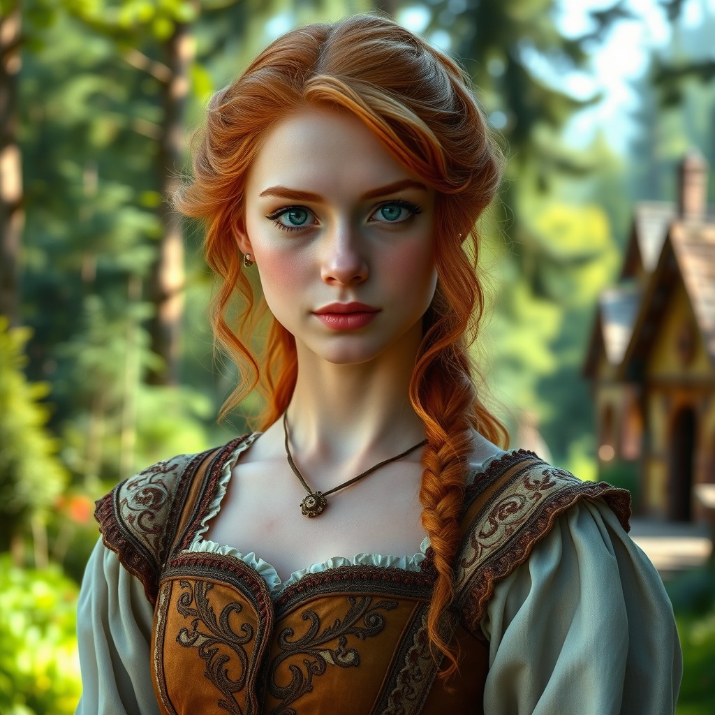 A beautiful young woman from the medieval era with striking ginger hair and captivating green eyes, wearing an intricately designed gown made of rich fabrics
