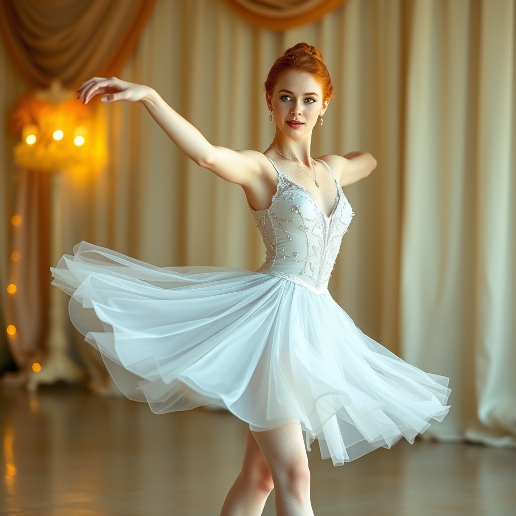 A graceful young woman with striking ginger hair and captivating green eyes, elegantly performing ballet