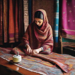 An intricate traditional Moroccan Khiat (tailor) at work in her atelier, stitching vibrant tapestries with detailed patterns.