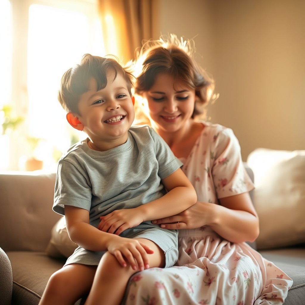 A touching scene of a young boy sitting on his mother's lap with a joyful expression, while she lovingly embraces him