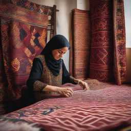 An intricate traditional Moroccan Khiat (tailor) at work in her atelier, stitching vibrant tapestries with detailed patterns.