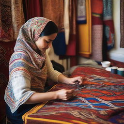 An intricate traditional Moroccan Khiat (tailor) at work in her atelier, stitching vibrant tapestries with detailed patterns.