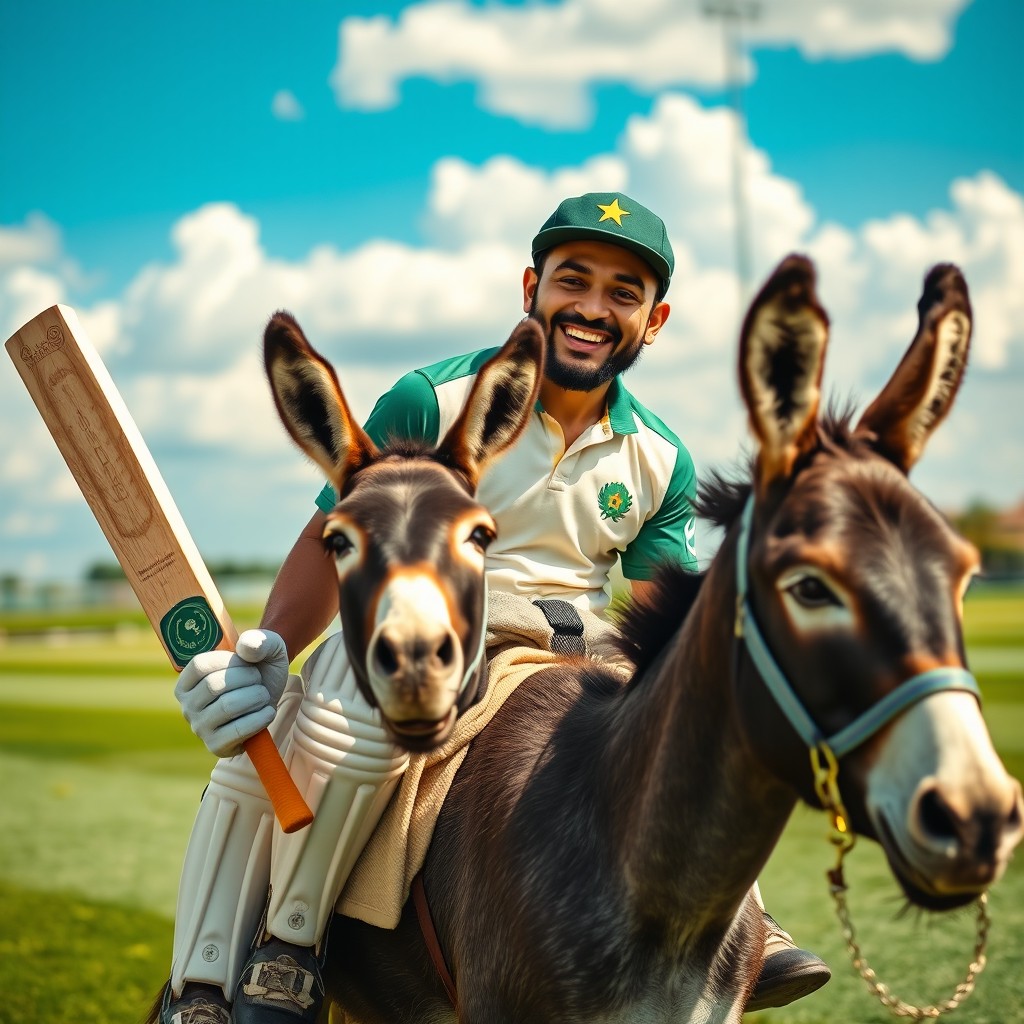 A playful scene featuring a Pakistani cricketer in traditional cricket attire, including a cricket cap and pads, happily riding a donkey in a sunny outdoor setting